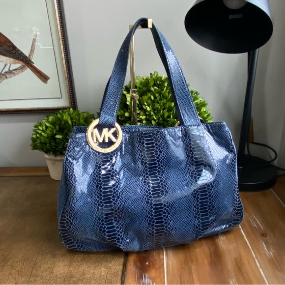 Michael Kors Blue Snake Print Shoulder Bag Tote - Picture 12 of 12